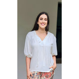 Astor Tie Neck Blouse Short Sleeve in Ivory
