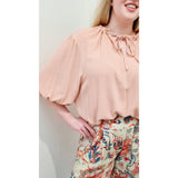 Astor Tie Neck Blouse Short Sleeve in Peachy Pink