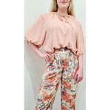 Astor Tie Neck Blouse Short Sleeve in Peachy Pink