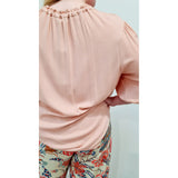 Astor Tie Neck Blouse Short Sleeve in Peachy Pink