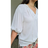 Astor Tie Neck Blouse Short Sleeve in Ivory