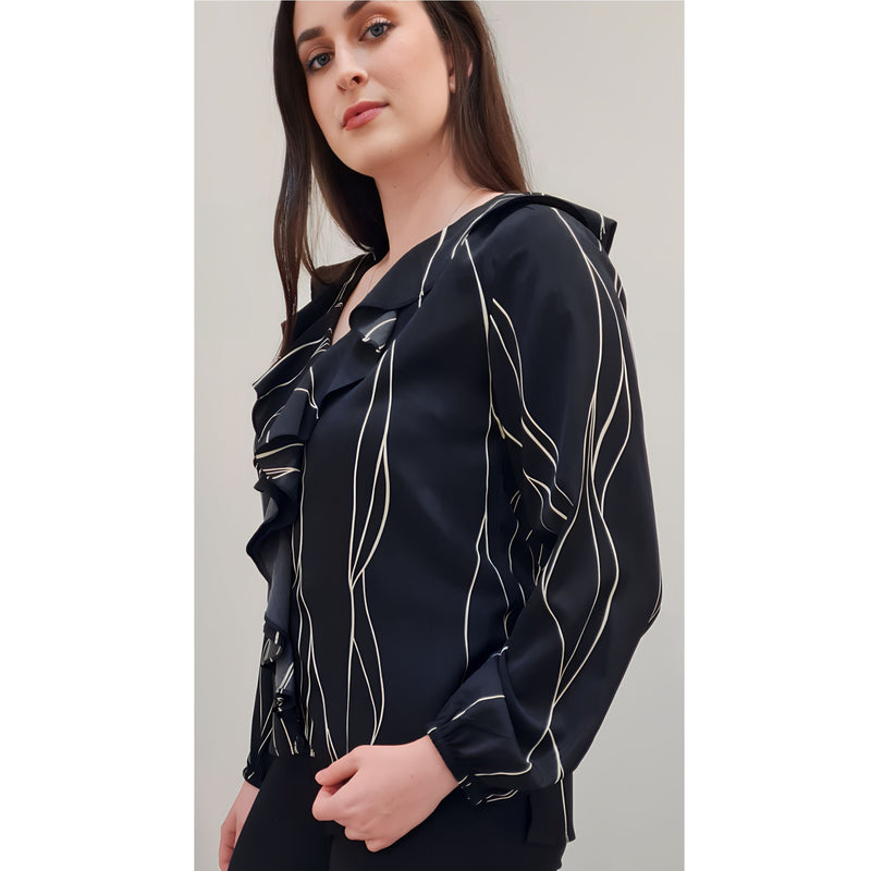 Alert Long Sleeve Blouse in Black/White Wave Print