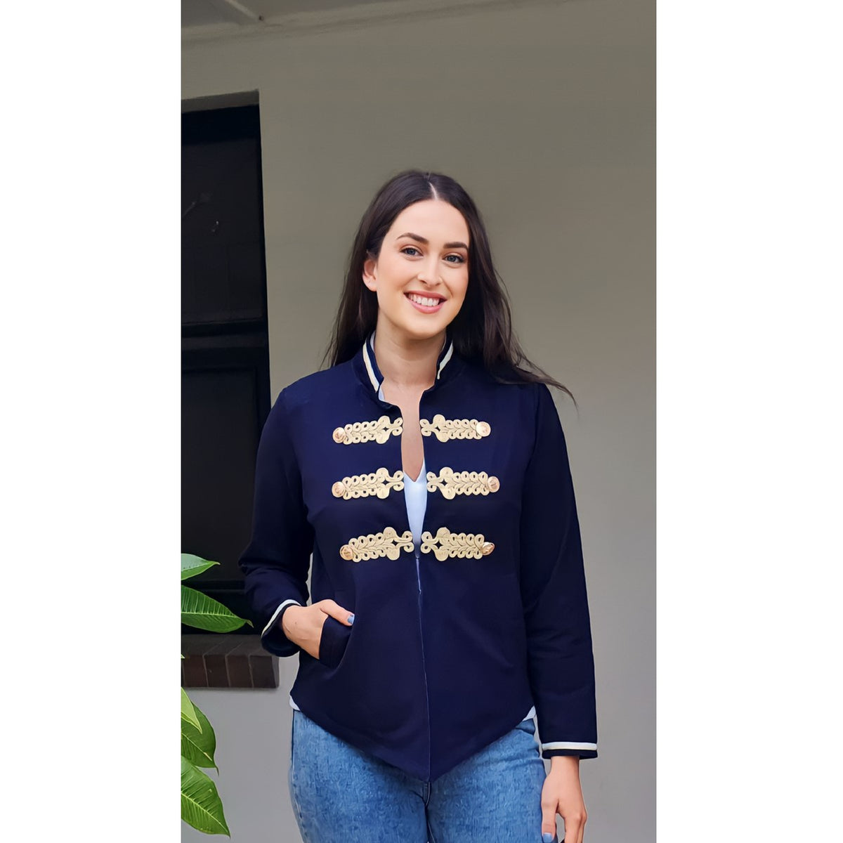 Twiggy Stretch Denim Jacket With Gold Brocade - RESTOCKED IN ALL