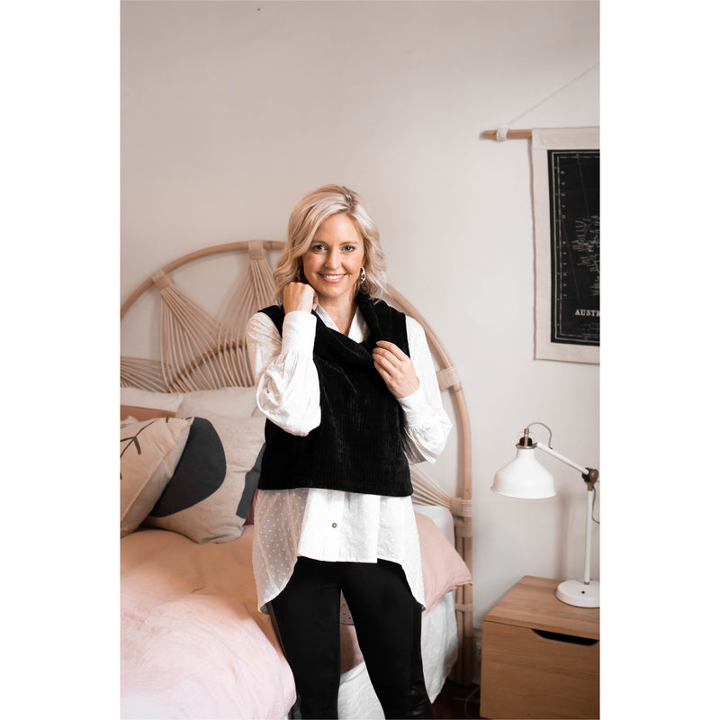 Treaty Roll Neck Vest in Black Stretch Cord