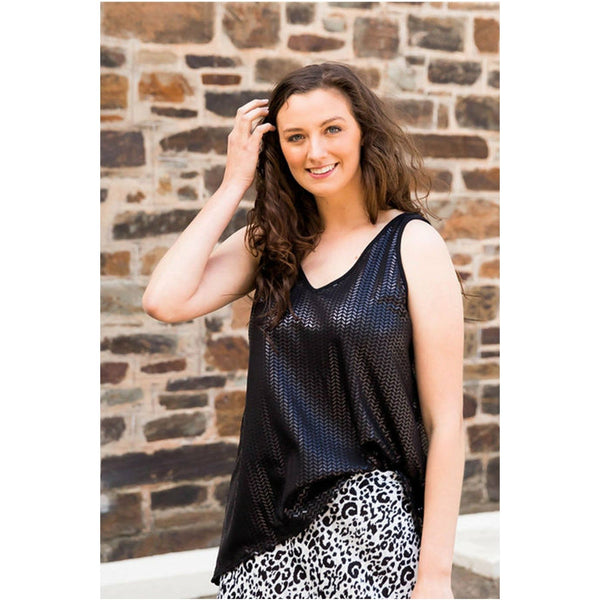 Task V Neck Camisole in Shimmery Nightowl Black