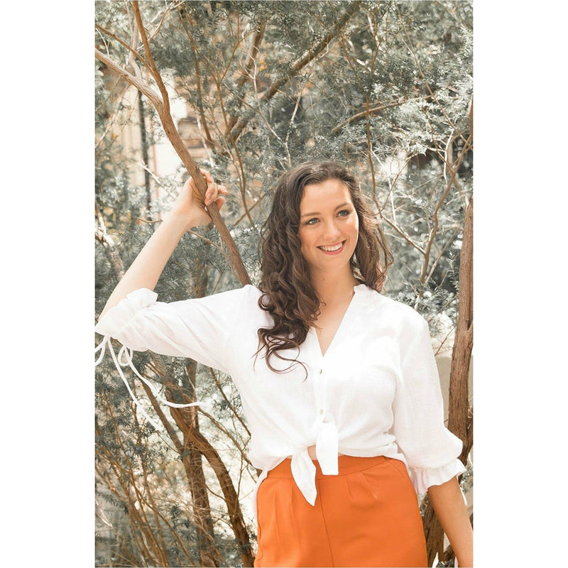 Tie 3/4 Sleeve Cotton Shirt in White